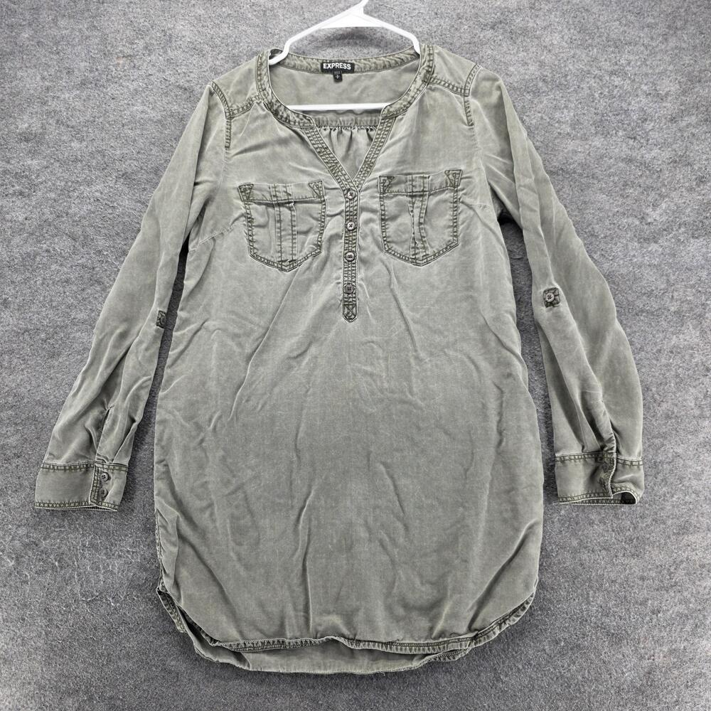 Express Dress Womens S Green Shirt Dress Short Round Neck Pockets Lyocell